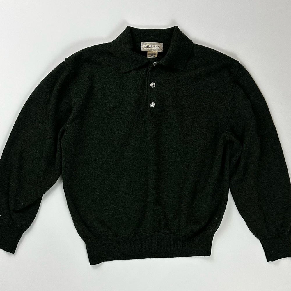 Vintage Murano Mens Merino Wool Long Sleeve Polo Dark Forest Green L Italy